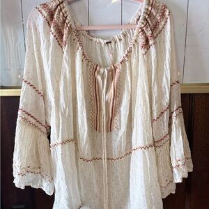 Free People Cream and Red Boho Blouse